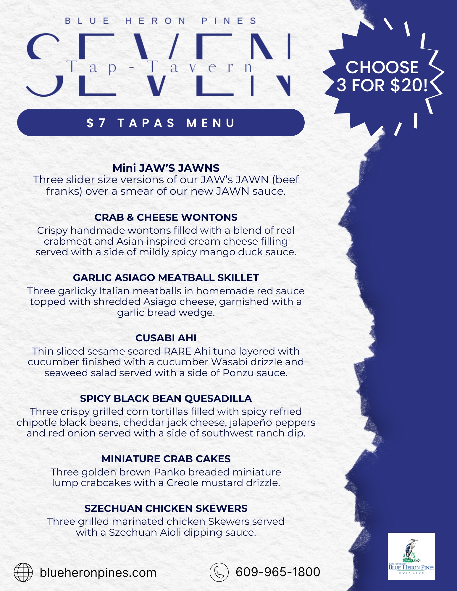 Blue Heron Pines $7 Tapas Menu