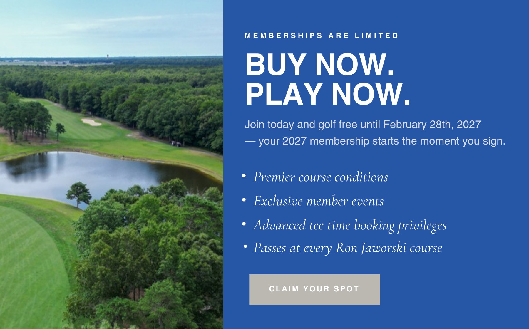 Buy Now, Play Now — join Blue Heron Pines Golf Club today and golf free until February 28, 2027